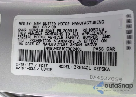 2009 Toyota Corolla S z USA, uszkodzony, nr VIN 1NXBU40E19Z022431